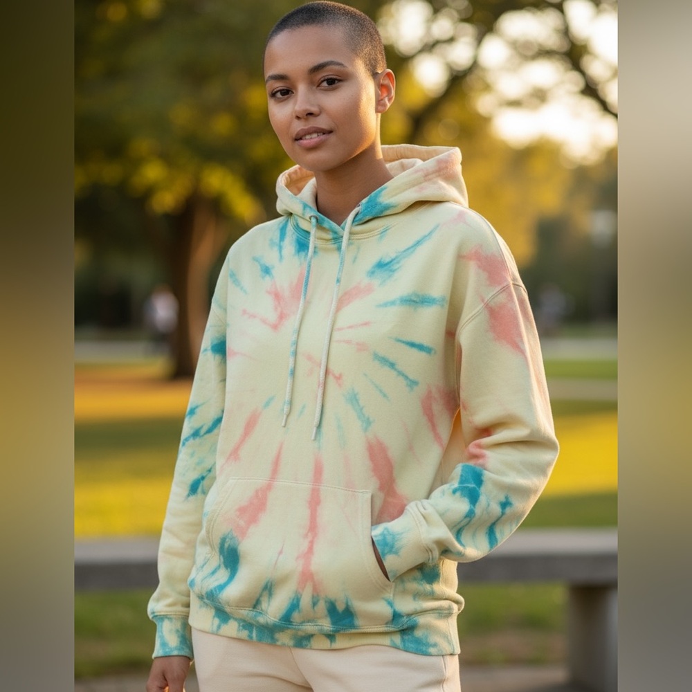 Vibrant Tie-Dye Hoodie - Yellow-Gold Orange, Green front pouch Size XL